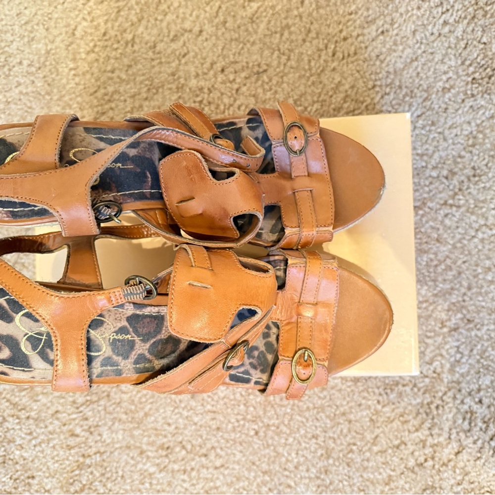 Jessica Simpson Tan Wedge Sandals with Crisscross Straps